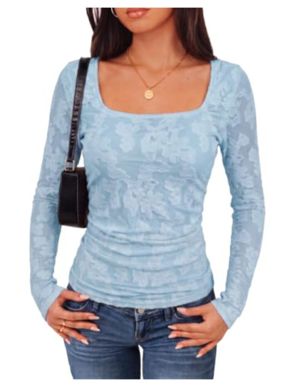 Women Floral Mesh Long Sleeve Ruched Fitted Blouse Square Neck